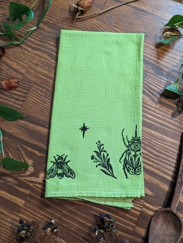 #38 - Green Moths, Bees & Beetle Tea Towel