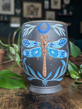 Load image into Gallery viewer, #S06 - Matte Dragonfly on Dark Clay Cup (Seconds Sale!)
