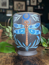 Load image into Gallery viewer, #S06 - Matte Dragonfly on Dark Clay Cup (Seconds Sale!)